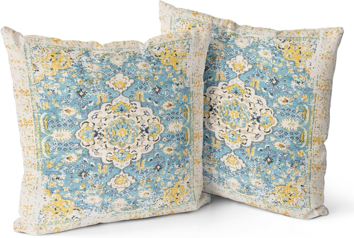 Set van 2 Boho Kussenslopen met Bloemenprint in Wit, Antiek en Vintage Ontwerp - Dubbelzijdige Kussens voor Tuinbank, Bank en Bed - Decoratieve Kussens 40x40cm voor een Stijlvolle Interieurdecoratie
