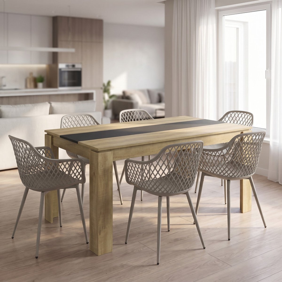 EGGREE 6-delige eetkamerset - tafel- en stoelenset voor 6 personen - inclusief stoelen met armleuningen - geschikt voor keuken - eetkamer of woonkamer (tafel van 160 x 80 x 75 cm + 6 Grijze eetkamerstoelen)
