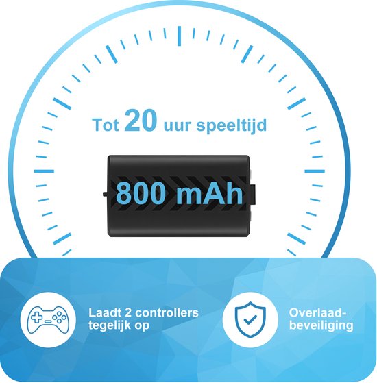 Oplaadstation met pictogram van 800 mAh batterij, tot 20 uur speeltijd, laadt 2 controllers op.