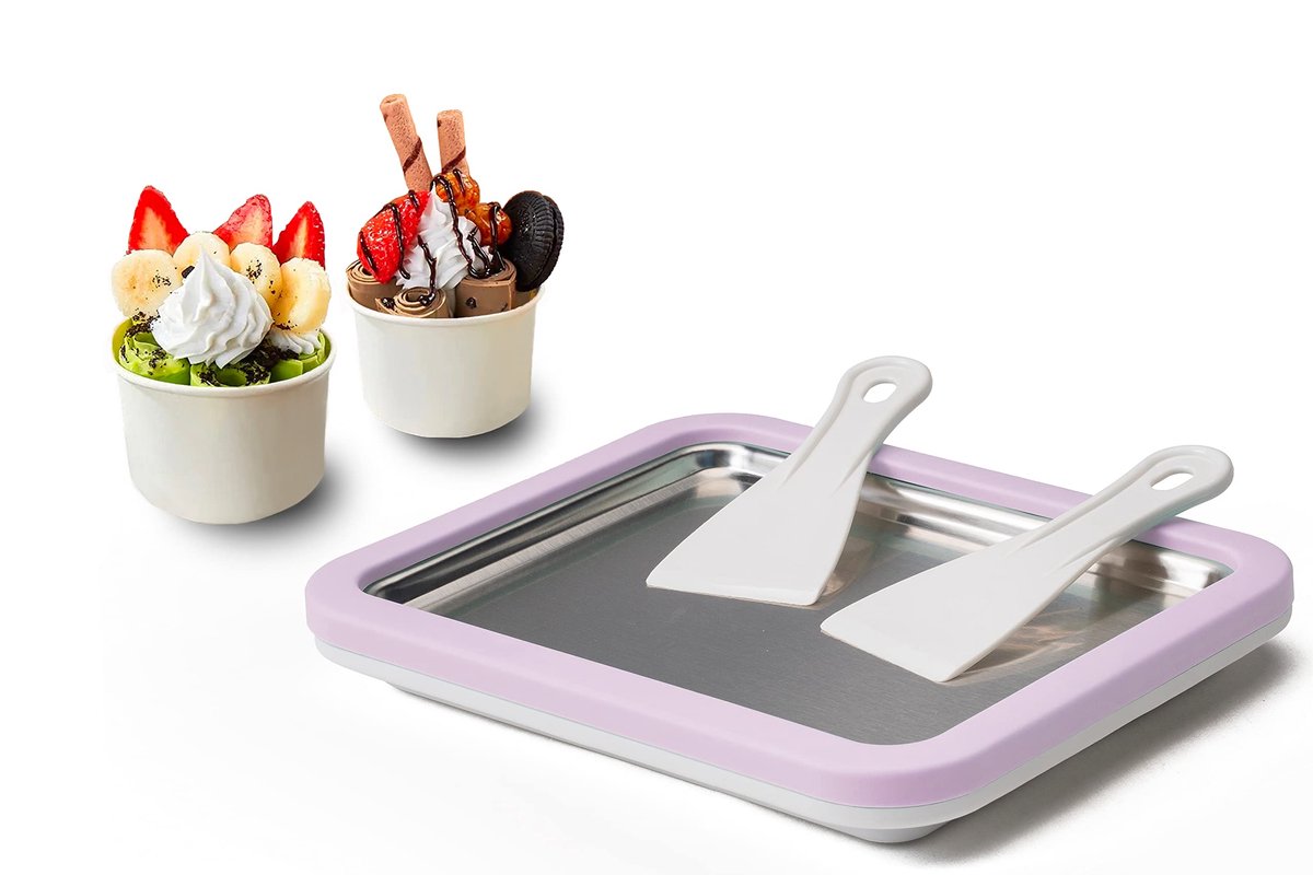 IJsblokjes, rol ijsplaten, ijsmaker, kleine instant ijsrolls machine, met 2 spatels, voor zelfgemaakte gerolde ijs, bevroren yoghurt (paars)
