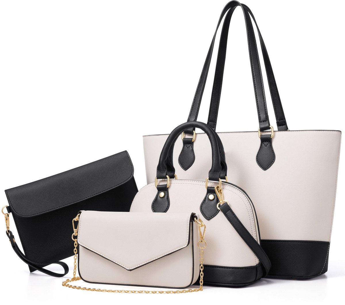 OKWISH Dameshandtas vierdelige set - Handtassen - Modieuze Damestas - Handtassen Set Met Reißverschlüsse - Voor Werk En Dagelijks Gebruik - PU - Zwart +Wit