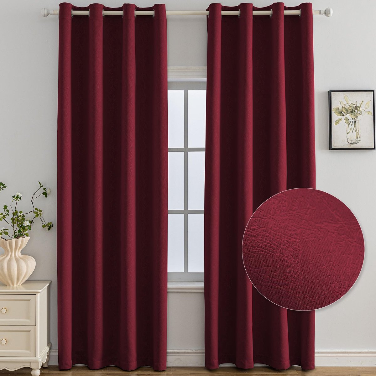 Set Van 2 Thermische Verduisterende Gordijnen, 140x300 CM, Warmte-Isolerende Gordijnen, Geschikt Voor Woonkamer Slaapkamer, Modern Design Met Oogjes, Bourgondisch