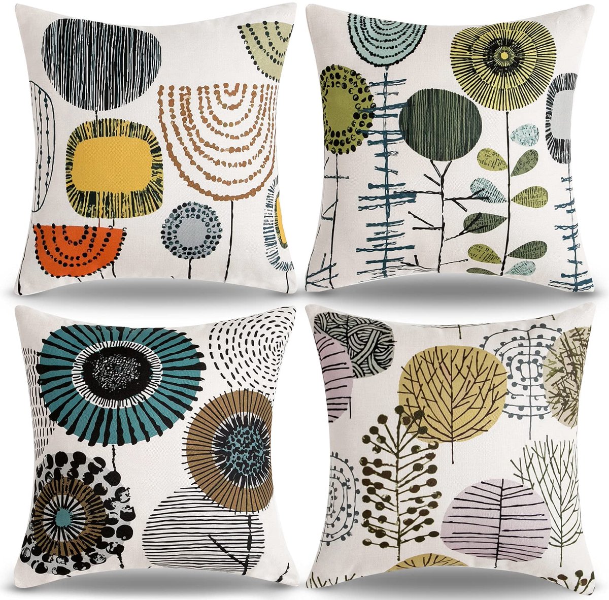 Set van 4 kussenslopen, 40x40cm, bloemen, decoratieve kussen, beige, abstracte vintage decoratie, bankkussen, vierkant, linnen, decoratieve kussenhoezen, sierkussenovertrekken voor bank, slaapkamer