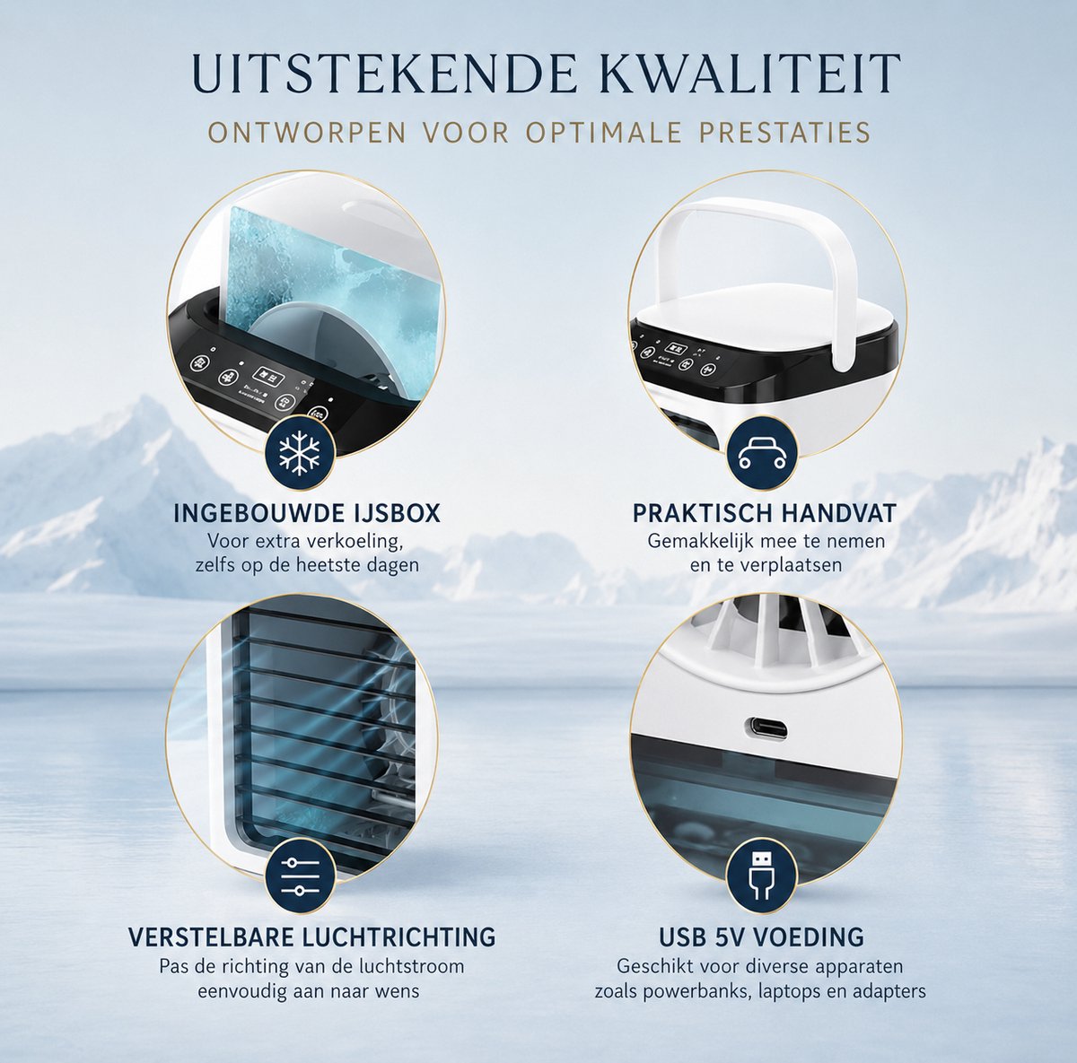 Draagbare Airconditioner - Sterke Mini Ventilator - Weinig geluid - 3 Standen - 900ml Watertank - Met Luchtbevochtiger - Voor Slaapkamer - Kantoor - Wit - 16.5x16.5x24cm — afbeelding 3