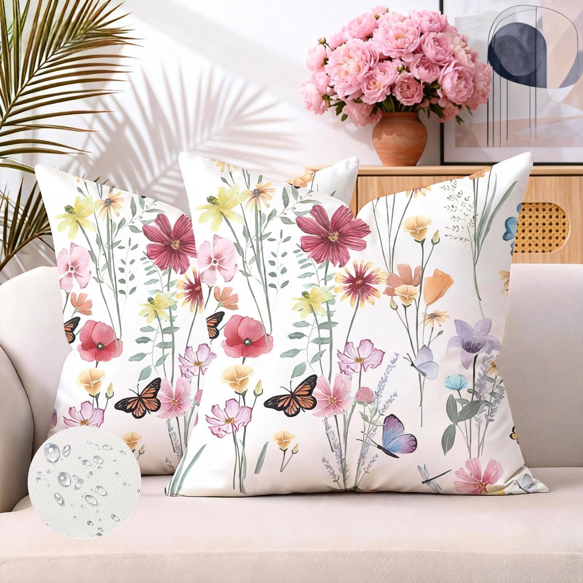 Kussenslopen voor buiten, 40 x 40 cm, 2 stuks, modern, waterdicht, kleurrijke bloemen, bank, vierkant, esthetische decoratie voor slaapkamer, bank, stoel, bed, tuin