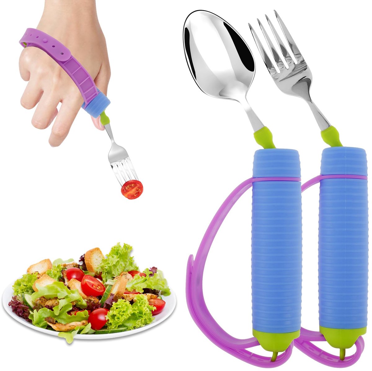 Bestek, buigbaar, Parkinson hulpmiddel met 25 cm lepel en vork, siliconenverband, antislipgreep, voor Parkinson-patiënten