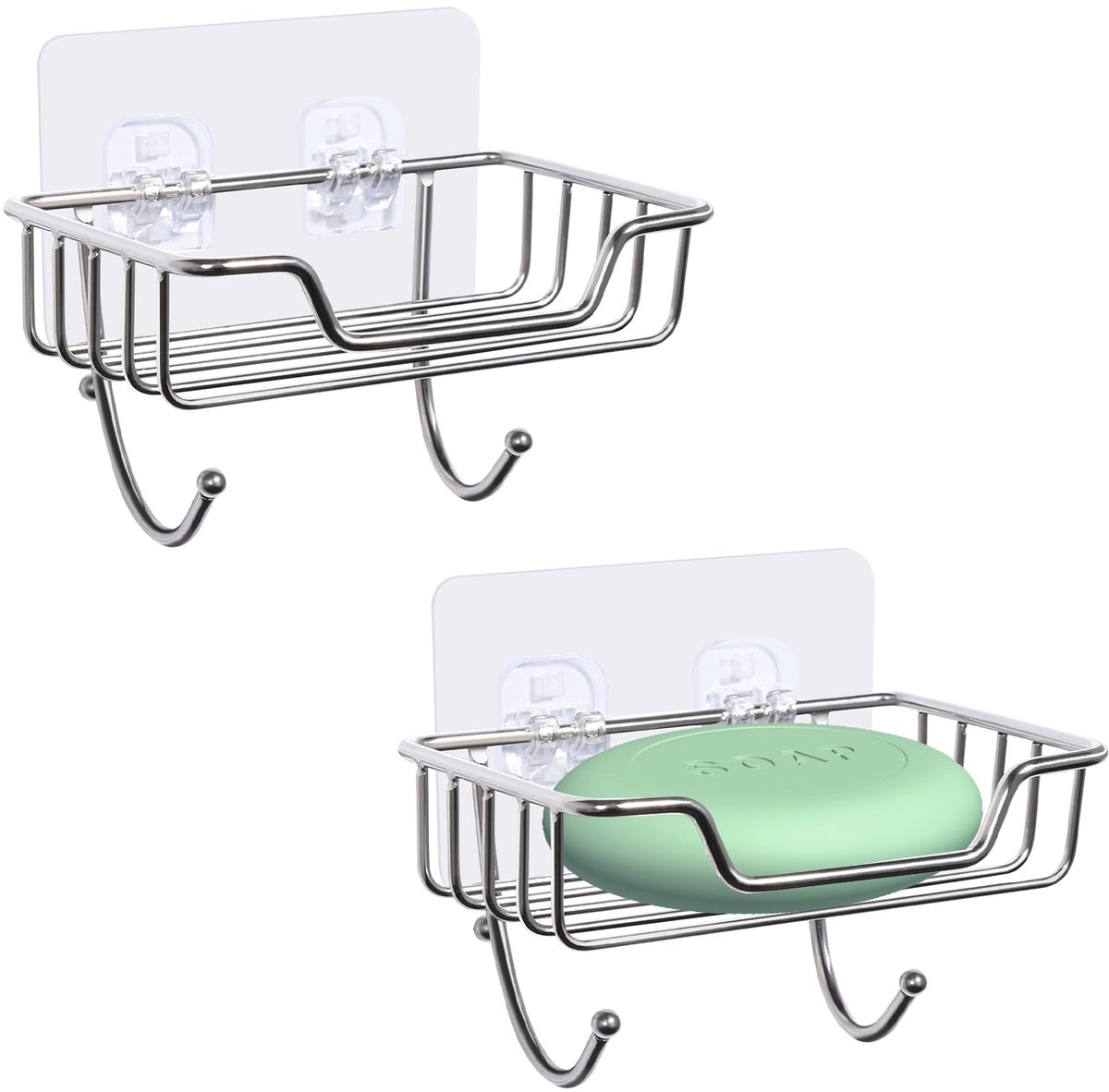 2 stuks sterke zelfklevende zeepschaal, roestvrijstalen zeephouder met haak zonder boren, wandgemonteerde zeepbak voor douche, badkamer, keuken, zilver