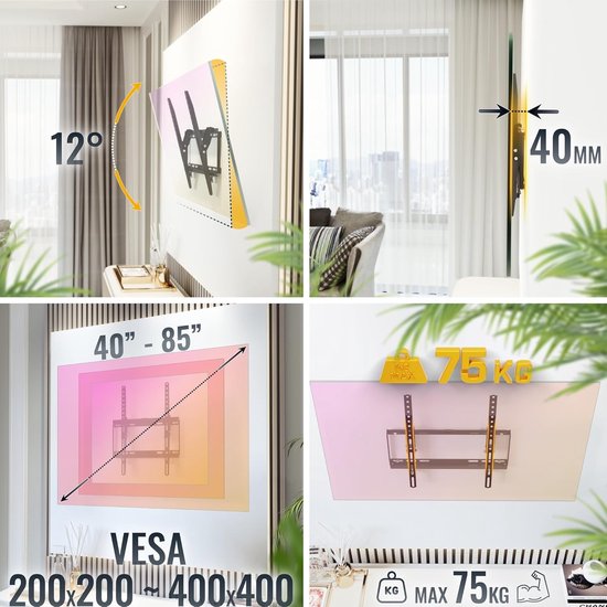 TV Muur-Beugel Kantelbaar 40-85 Inch N1944 (81-165 cm) VESA 200x200-400x400 Ophangbeugel belastbaar 75kg Houder voor LED LCD Schermen — afbeelding 2