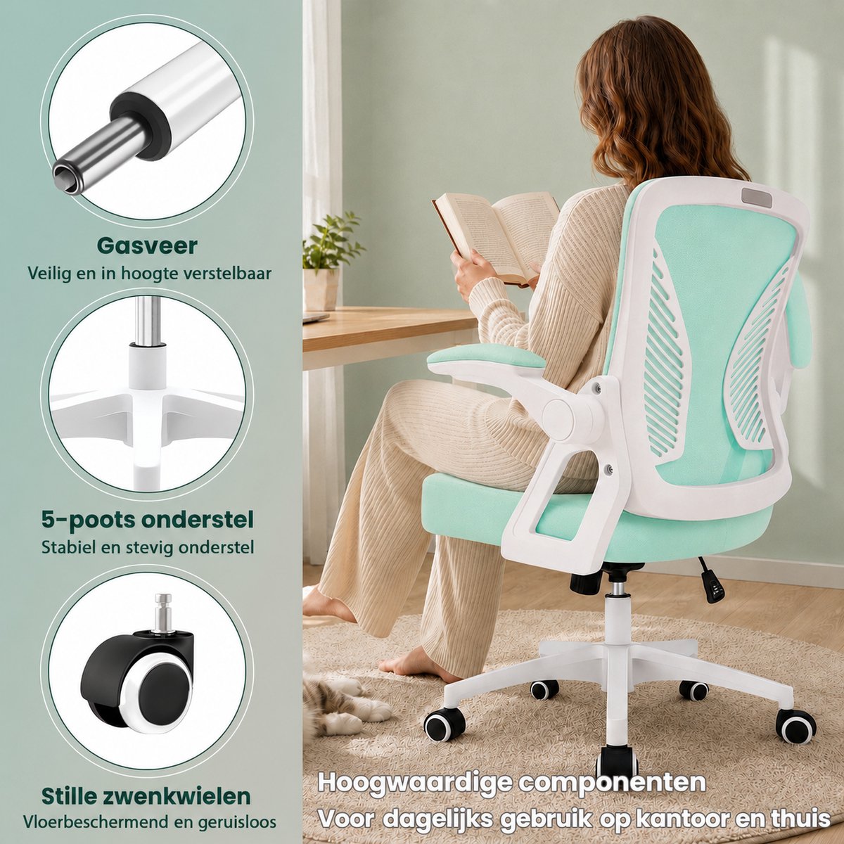 Milacyee Bureaustoel - Ergonomische Bureaustoel – Verstelbare Gaming/Computerstoel met Mesh Rug & Lendensteun – 90° Opklapbare Armleuningen – Directiestoel met Stille Wieltjes – Tot 130 kg Belasting - groente - Geschikt voor thuiswerk en kantoor – foto 4