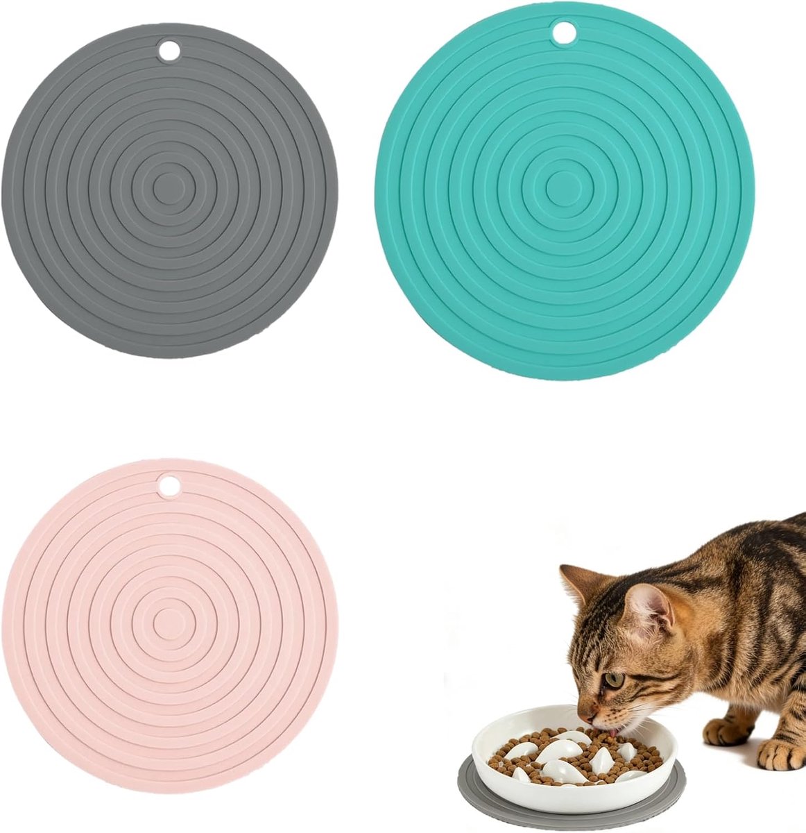 Voermat voor katten en honden, 3 stuks siliconen voerbakmatten, 2 x 16 cm en 1 x 18 cm / 6,30 en 7,09 inch, antislip en waterdichte onderleggers voor voerbak, drinkbak, keuken, woonkamer, ha
