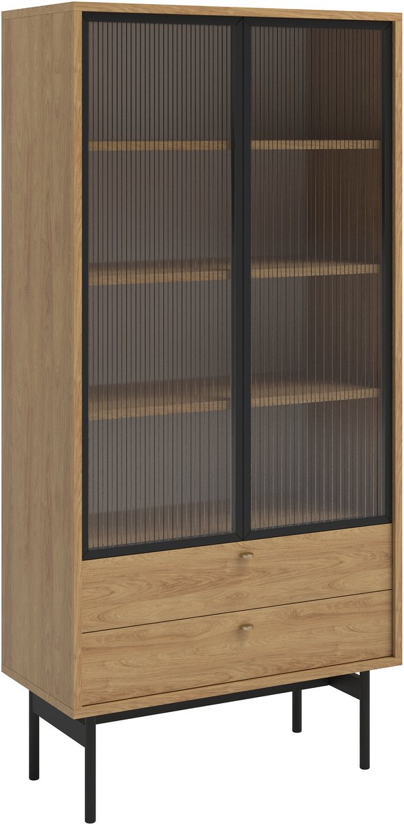 Selsey Olar II – Vitrinekast met 3 planken en 2 lades, natuurlijk hickory, 85 cm