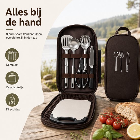 Kampeerservies Set 8-Delig - Lichtgewicht RVS Kookset voor 2-3 Personen - Outdoor Picknick, Glamping & BBQ - Compact Opbergtas - Bruin — afbeelding 3