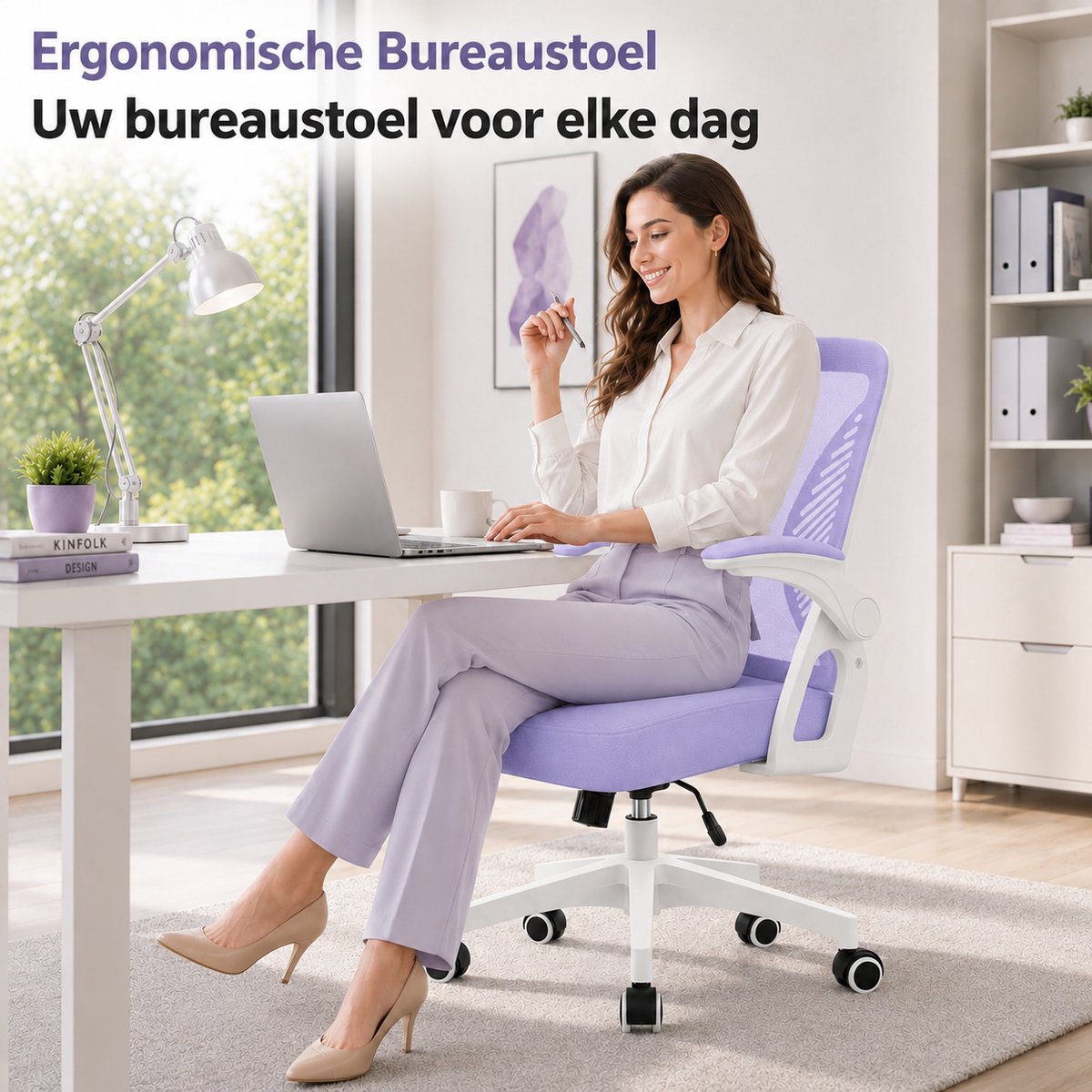 Milacyee Bureaustoel - Ergonomische Bureaustoel – Verstelbare Gaming/Computerstoel met Mesh Rug & Lendensteun – 90° Opklapbare Armleuningen – Directiestoel met Stille Wieltjes – Tot 102 kg Belasting - Paars - Geschikt voor thuiswerk en kantoor – foto 7