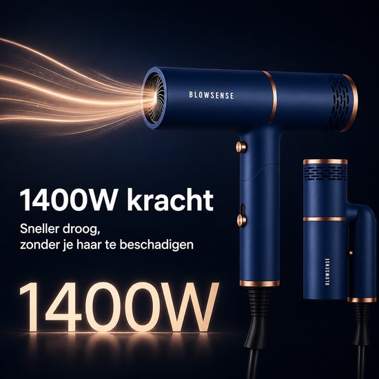 BlowSense® TravelDry Reisföhn Opvouwbaar – Compacte Haardroger voor Reizen, Vakantie en Handbagage – 1400W – Met Concentrator-opzetstuk – Ruimtebesparende Opvouwbare Föhn – Saffierblauw – 2026 Model