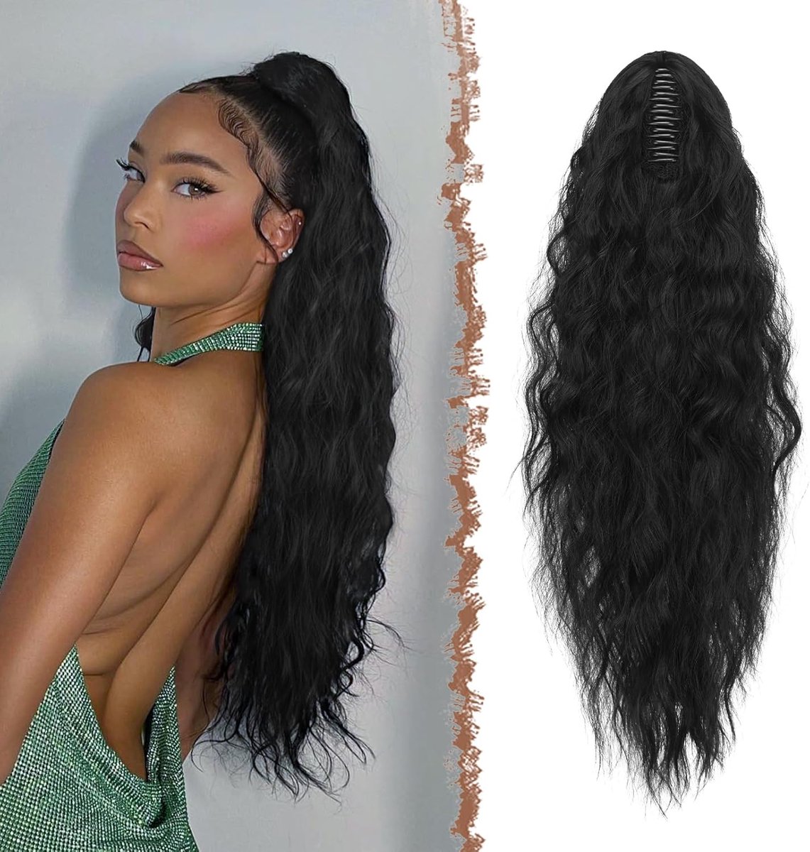 Paardenstaart Extensions met Klamma Lang Krullend Golvend Haarextensies Paardenstaarten Synthetische Haarstukken Trekkoord Haarverlenging Vrouwen, Zwart 65 cm