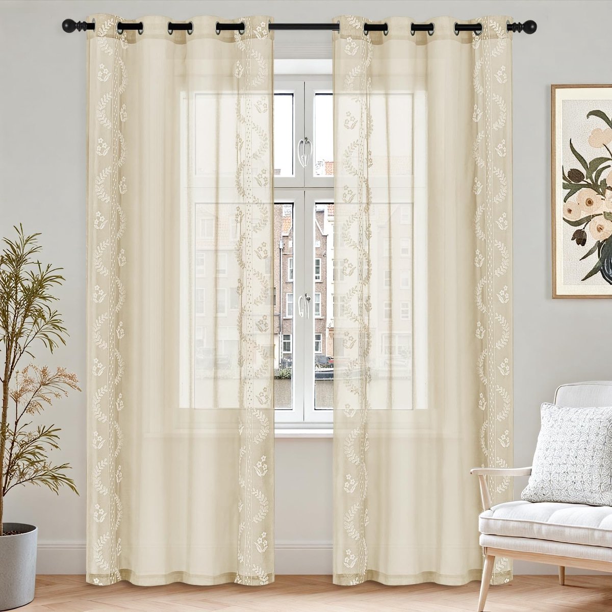 Gordijnen met oogjes, woonkamer, slaapkamer, H225xB140 cm, Gordijnen voor woonkamer, overgordijn, linnenlook, lichtdoorlatend, oogjesgordijn, set van 2, beige