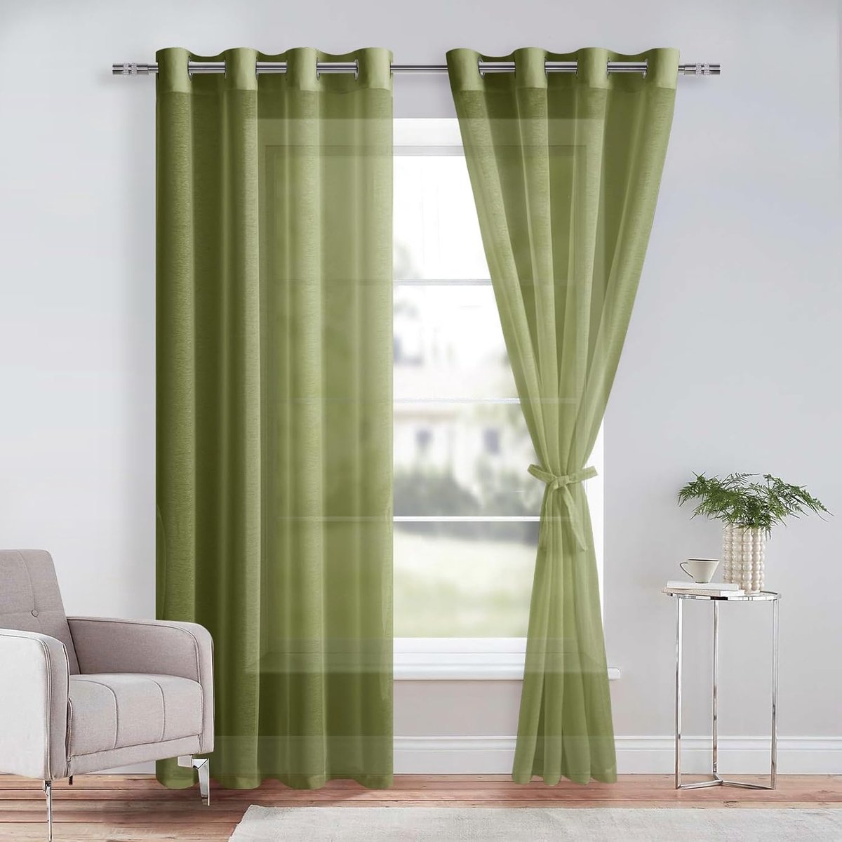 Set van 2 voile-gordijnen, transparant, met ogen, van polyester, voor woonkamer, olijfgroen, 260 x 140 cm (H x B)