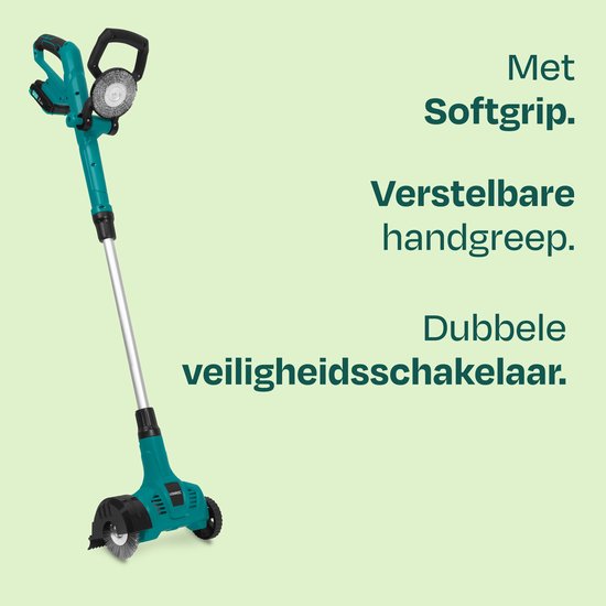 Elektrische onkruidborstel met softgrip, verstelbare handgreep en dubbele veiligheidsschakelaar. Groen en zilver.