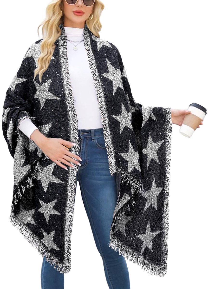heekpek Oversized sjaal voor dames en meisjes, lang, dekenstof, mantel, winter, met franjes en spitse uiteindes, sterren, Star Zwart, Eén maat