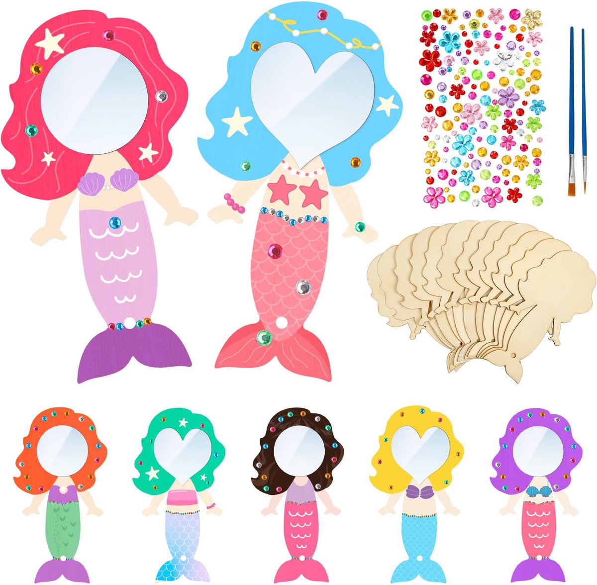 Spiegel voor meisjes, 10 stuks, houten mini-handspiegel, prinsessenspiegel van hout, knutselwerk van hout voor kinderen, verjaardags- en feestcadeaus voor kinderen (C)
