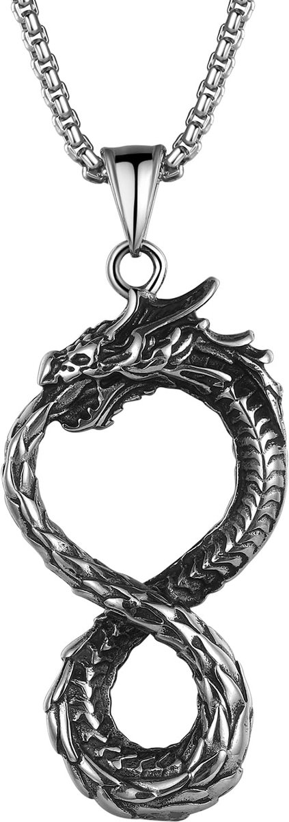 JewelryWe Draken Halsketting voor Heren, Vintage Zilver Roestvrij Staal Draak Hanger Ketting, Punk Gothic Sieraden voor Mannen Vrouwen, 61 cm, Roestvrij staal