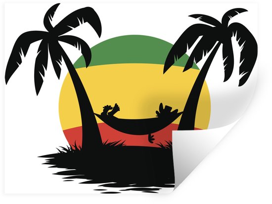 Zelfklevende sticker van een silhouet in een hangmat tussen palmbomen in groen, geel en rood, met opkrullende hoek.