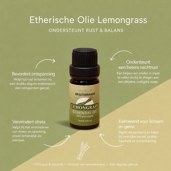 Flesje lemongrass etherische olie van 10 ml, met tekst over ontspanning, stressvermindering en betere nachtrust.