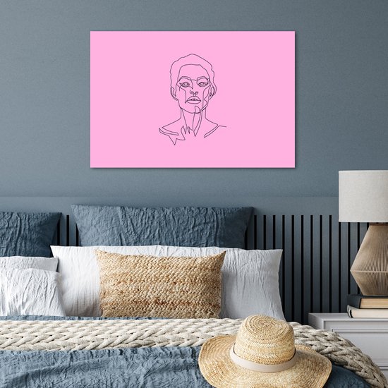 Femme art Line avec les cheveux courts sur un papier d'affiche de fond rose 90x60 cm - impression photo sur l' affiche (décoration murale salon / chambre à coucher)