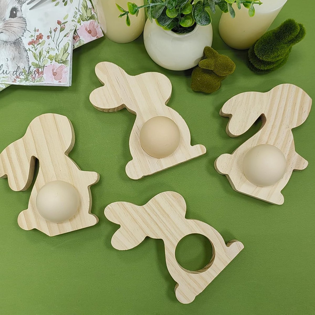 Eierdopje, hout, servetringen voor Pasen, hout, set van 4, grappige eierdopjes, voor brunch en ontbijt, grappige paasdecoratie