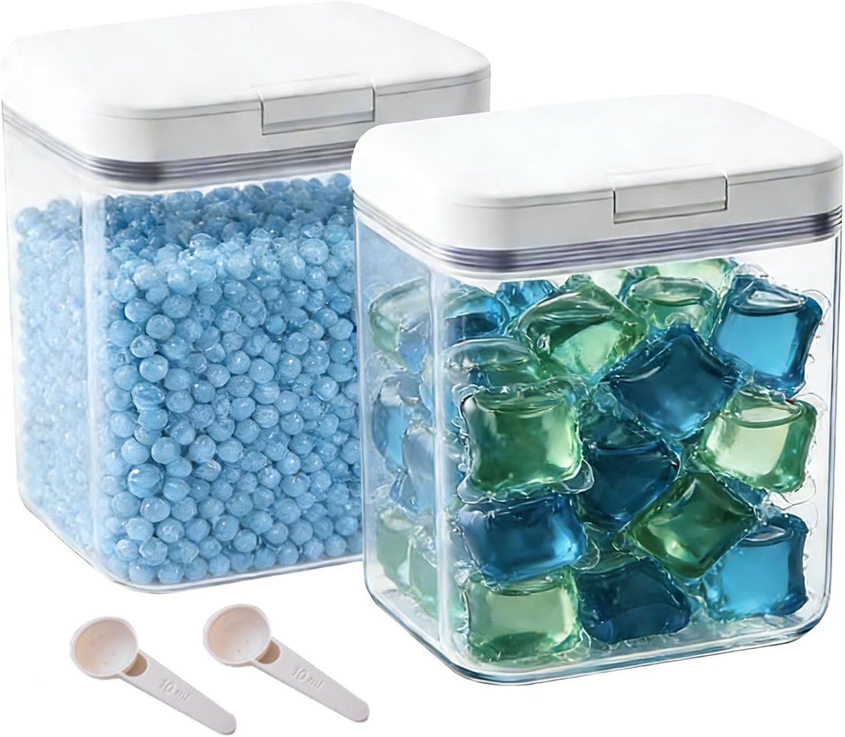 2 Stuks 2L Opbergdoos voor Vloeibaar Wasmiddel en Pods, Dispenser met Doseerlepel, Kunststof Opslagcontainer voor Wasmiddelcapsules, Organizer voor Wasruimte en Badkamer