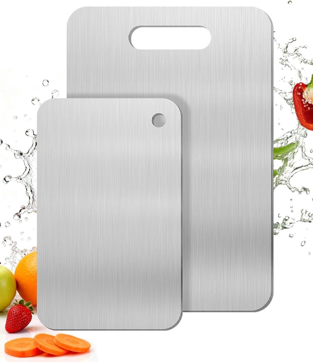 2 stuks snijplank van roestvrij staal, dubbelzijdige BPA-vrije snijplank, ideaal voor vlees, brood, groenten en fruit, groot snijoppervlak (34 x 23 cm + 25 x 15 cm), duurzaam en hygiënisch.