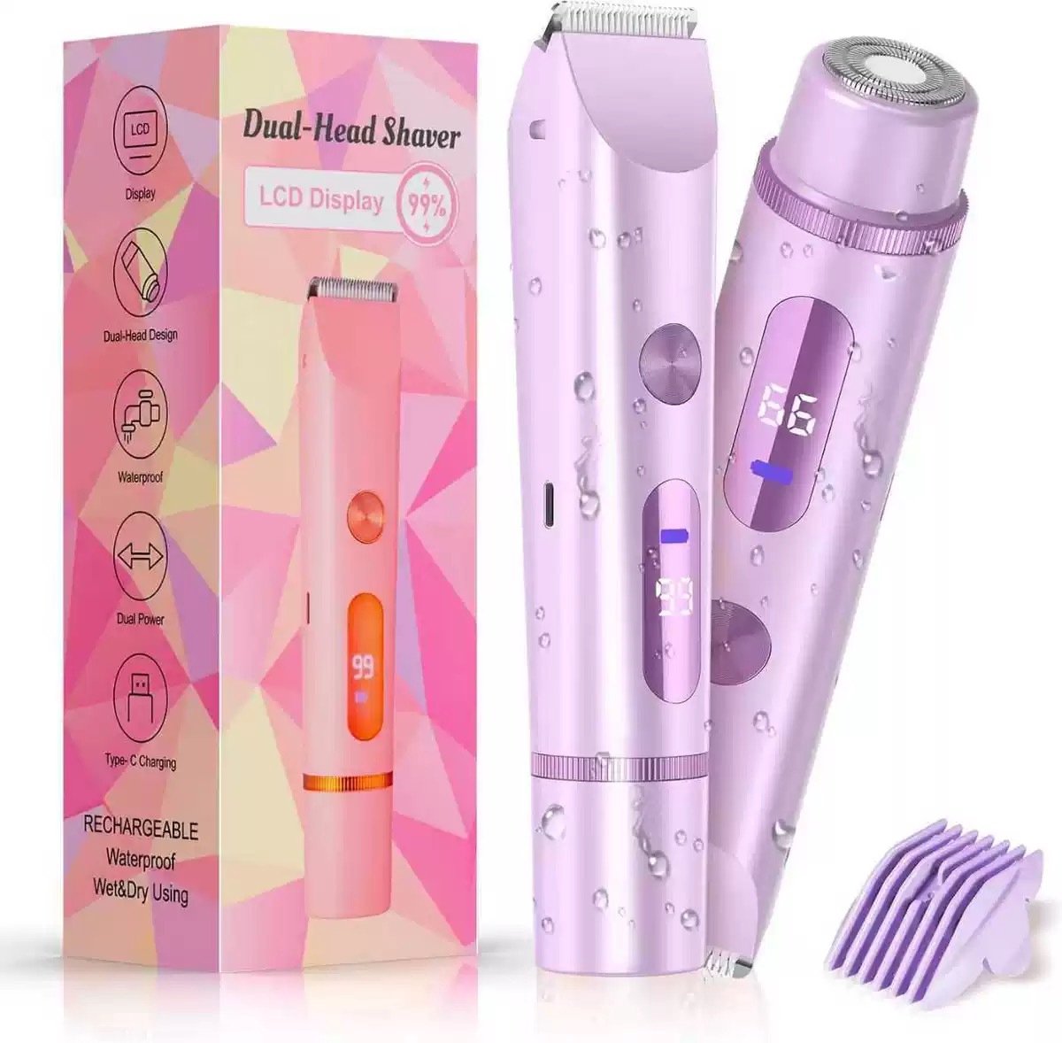 2 In 1 Ladyshaves voor vrouwen - Bikinitrimmer voor vrouwen - Elektrisch Scheerapparaat - Met lcd scherm - Waterdicht en oplaadbaar via USB - Comfortabel En Pijnloos Scheren - Voor Lichaam En Gevoelige Zones - Paars