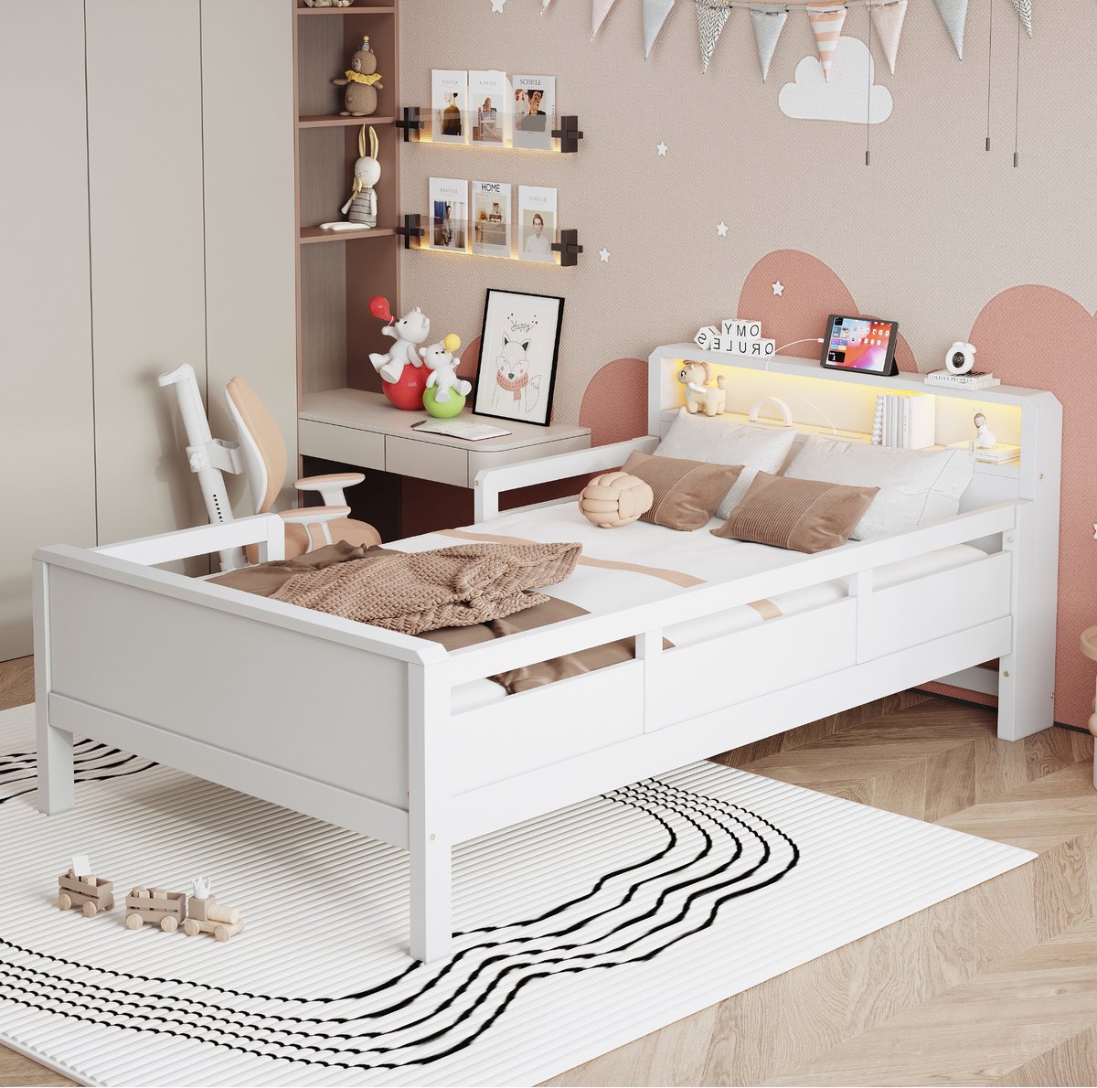 90 x 200 cm kinderbed met LED-verlichting - met USB- en Type-C-combostopcontact - met opbergruimte - wit - zonder matras