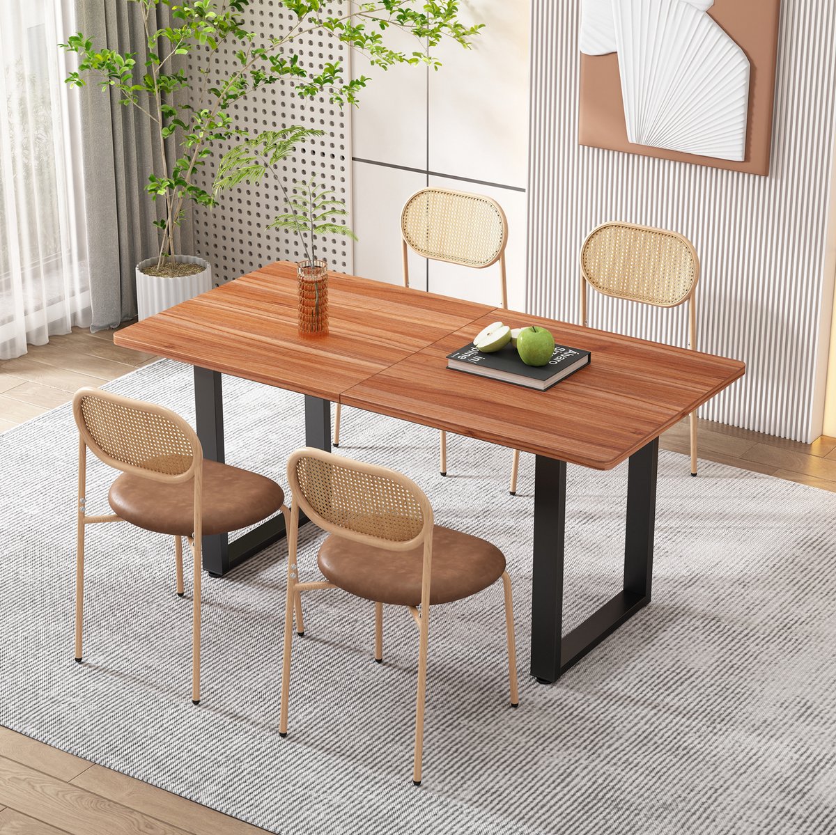 DESMIU Eetkamerstoel Set Van 4 - Rotan Rugleuning & Kunstleren Zitting - Voor Eetkamer, Café En Woonkamer - Metaal - Bruin