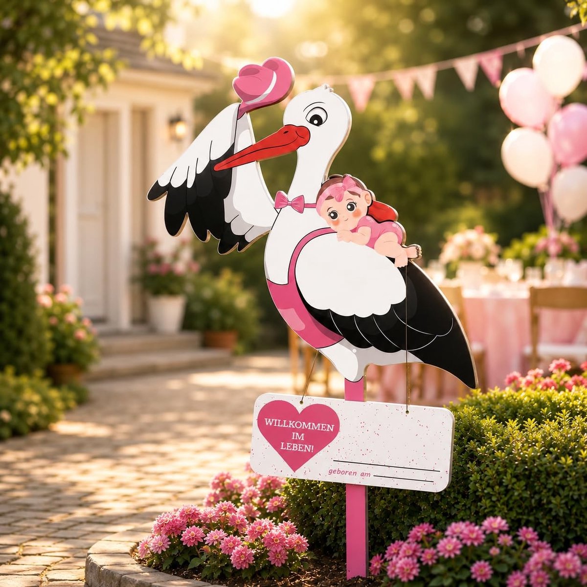 Dailygoods - Roze klapperooievaar voor geboorte - Inclusief naambordje en houten stok
