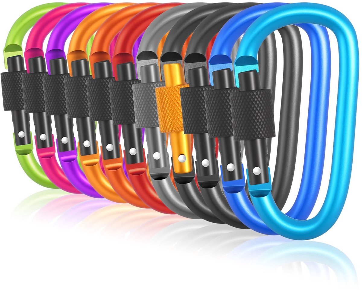 Dailygoods - Karabijnhaken met schroefsluiting, set van 11 stuks sleutelhangers, D-vormige karabijnhaken, aluminium, multifunctionele karabijnhaken voor kamperen, wandelen of reizen (11 kleuren)