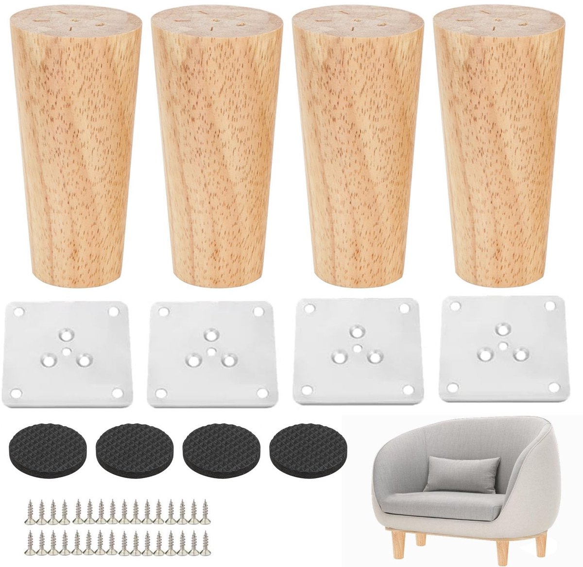 Dailygoods - Meubelpoten van hout, 4 stuks, vervangende meubelpoten, 10 cm, eiken tafelpoten met montageplaten en schroeven, robuuste meubelpoten voor bank, bed, kast, tafel, stoel