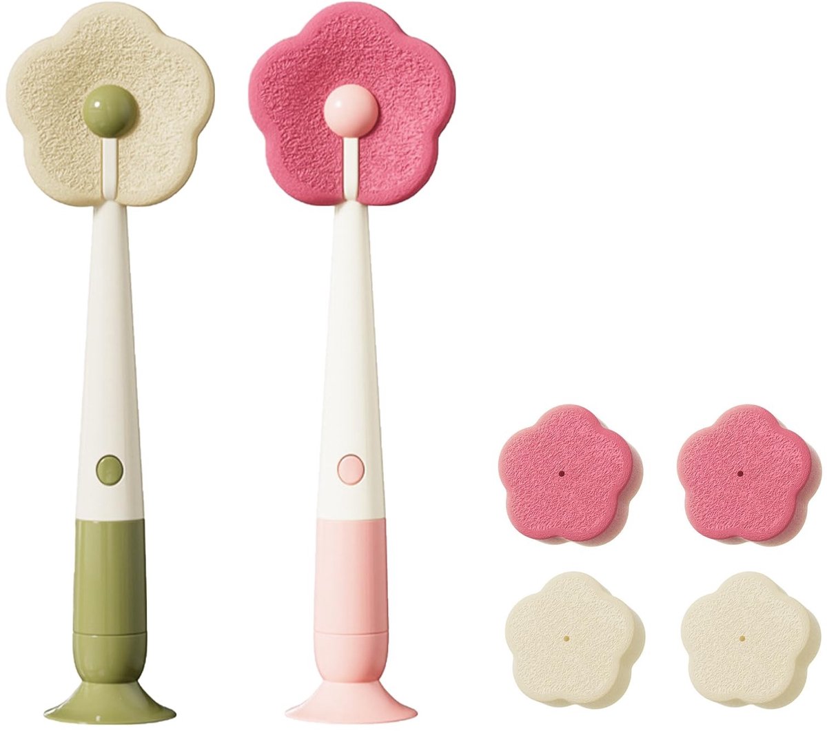 Dailygoods - 2 stuks 3-in-1 flessenborstel – zuignap en reservespons inbegrepen, flessenborstel, geschikt voor kopjes, flessen, bekerdeksels en nauwe ruimtes
