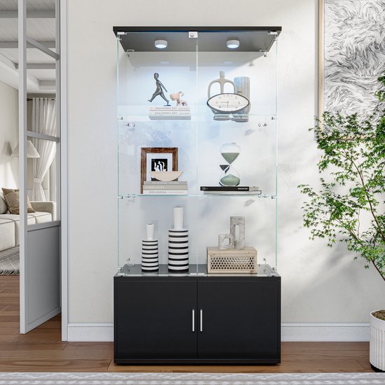 Vitrine en verre avec meuble bas noir et éclairage discret, dans un cadre domestique.