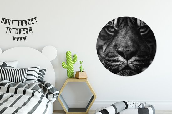 WallCircle - Cercle Mural - Cercle Mural - Animaux - Tigre - Sauvage - Zwart - Wit - Aluminium - Dibond - 90x90 cm - Intérieur et Extérieur