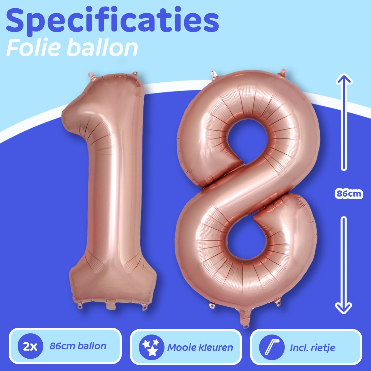 BTH – Folie Ballon Cijfer 18 – Rosé Goud – Feestversiering – Helium of Lucht – Verjaardag Decoratie – Met Rietje – 86cm — afbeelding 2