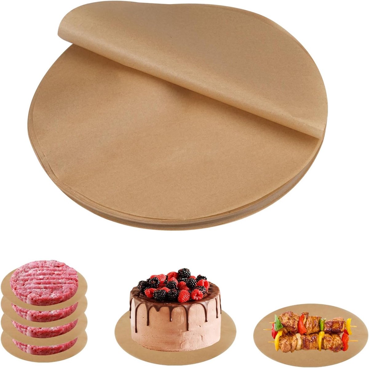 100 vellen, 26 cm, rond, hittebestendig | met antiaanbaklaag, pergamentpapier, voor heteluchtfriteuse, ronde sneden
