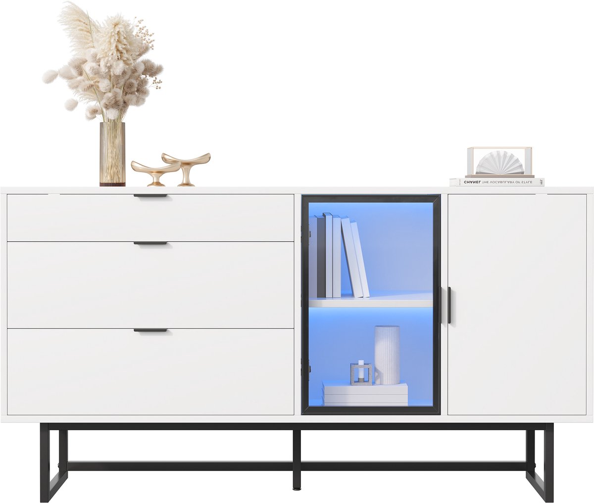 Wit vitrinekast sideboard met LED-verlichting - 3 lades, glazen deur en gesloten kast - Zwarte metalen grepen en poten, mat witte afwerking - Geschikt als opbergmeubel voor woonkamer en eetkamer