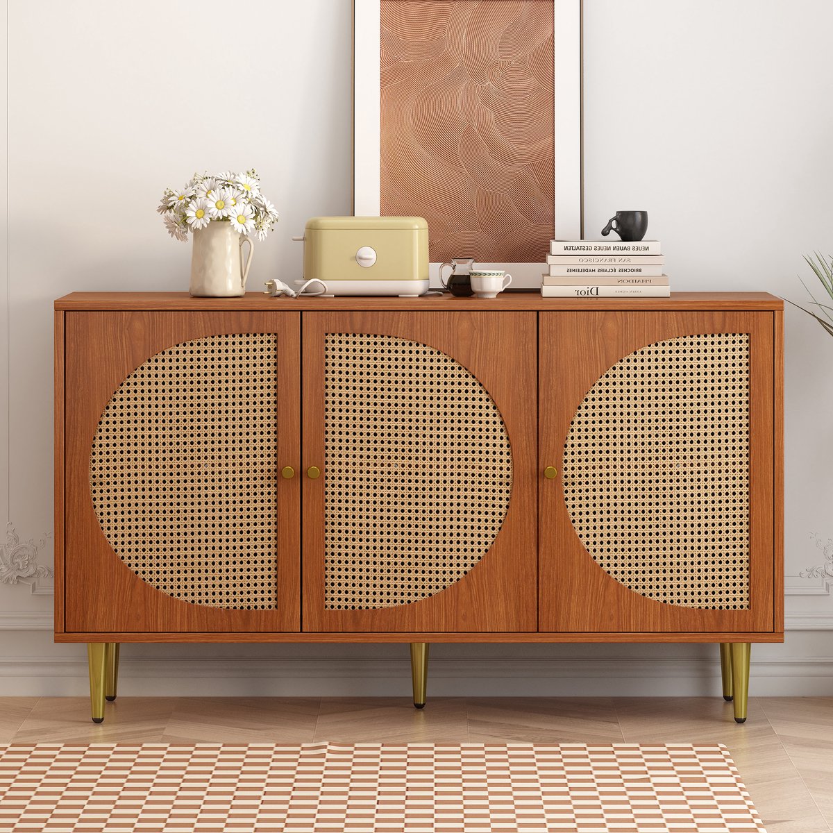 Zubaliya Sideboard - 129.8x40x76 cm walnoot - 3 rattan deuren - verstelbare planken - metalen poten (15 cm)