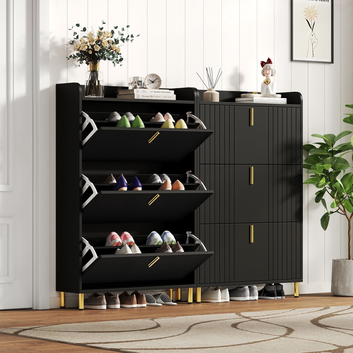 Schoenenkast set van 2 - 80x23,5x123,5 cm per stuk, zwart - 3 klepdeuren, 6 opbergvakken, verstelbare planken - Mat MDF, gouden poten en handgreep, kantelbeveiliging - Geschikt voor hal, gang en entree