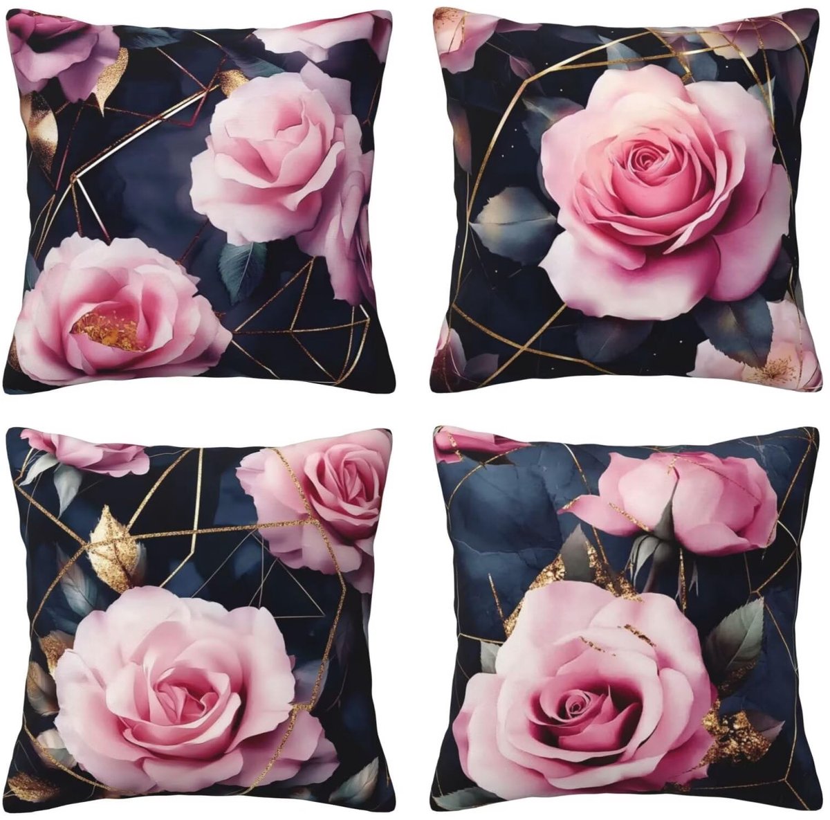 Kussenhoes, roze bloemen, 60 x 60 cm, zacht fluweel, dubbelzijdig, decoratief, vierkant, 4-delig, met onzichtbare ritssluiting, voor woonkamer, slaapkamer, bank, bed, tuin, buiten, F2198