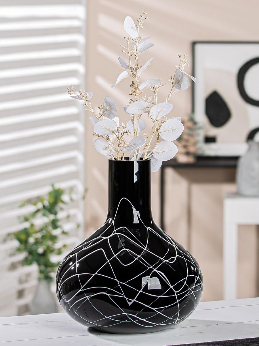Vaas Zwart Wit - Moderne Glazen Bloemenvaas, Decoratief Object Handgemaakt Van Gekleurd Glas - Hoogte 28 cm