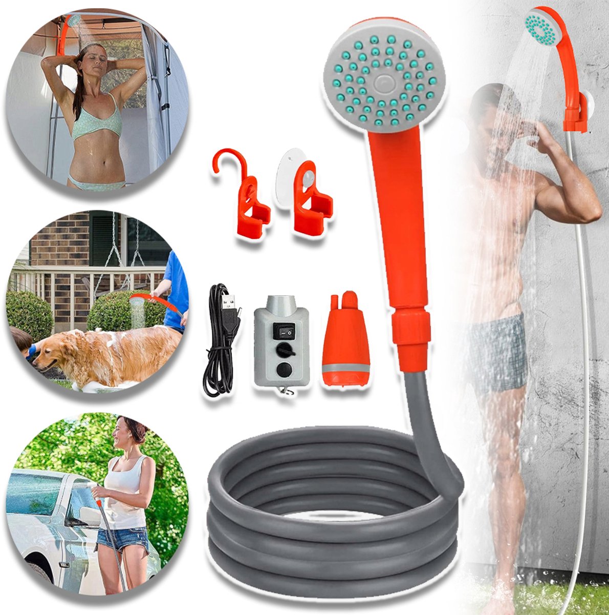 Draagbare Oplaadbare Douche - 2200mAh Batterij - Haken En 2m Slang Lichtgewicht ABS - Voor Kamperen, Reizen, Wandelen, Het Wassen Van Huisdieren En Auto's - Oranje