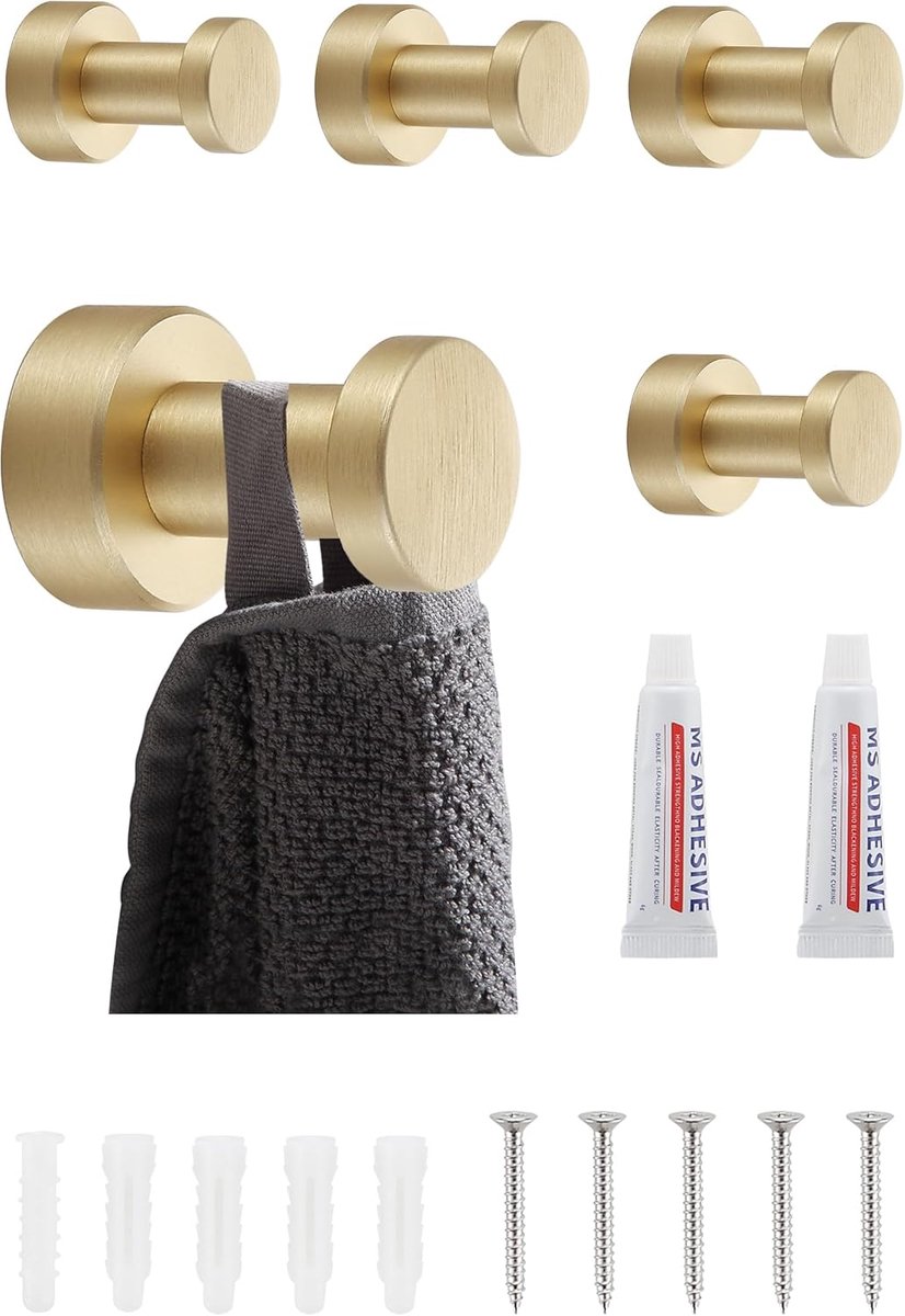 Wandhaken, geborsteld goud, set van 5 stuks, roestvrije metalen handdoekhaken voor badkamer en keuken, zelfklevend of voor wandmontage
