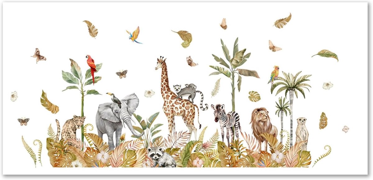 Muursticker jungle dieren boom muursticker safari XXL met olifant giraffe leeuw afneembare wanddecoratie van pvc voor kinderkamer kleuterschool woonkamer (4 vellen 30 x 60 cm)
